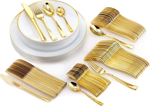 Trendables Juego de 120 platos y cubiertos desechables con borde blanco y dorado de alta calidad, incluye tenedores, cuchillos, cucharas y cucharas
