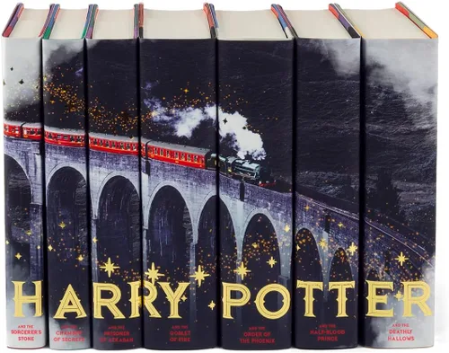 Juniper Books - Juego de 7 volúmenes en caja de Harry Potter: diseño de tren con oro metálico - Coleccionable diseñado a medida