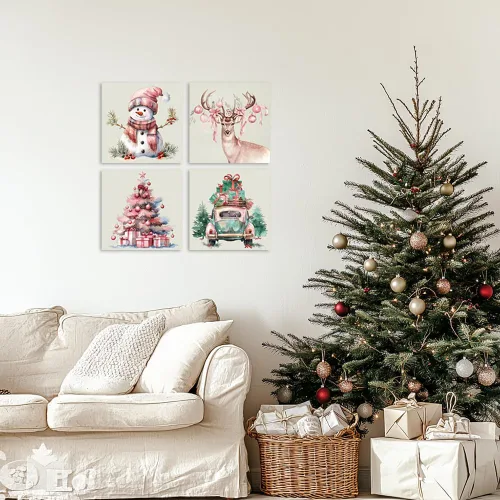 Miniatura 6 de Arte de Lienzo de Pared de Navidad Rosa - Juego de 4 Muñeco de Nieve, Ciervo, Árbol de Navidad y Camión Póster de Arte de Navidad - Pintura Estética