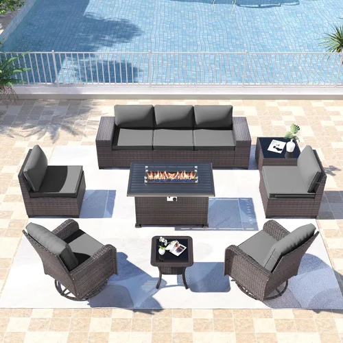 Miniatura 26 de Kullavik Juego de 13 muebles de patio al aire libre con mesa de fogata de gas propano de 43 pulgadas, 55000 BTU, mimbre de polietileno, sofá Arena