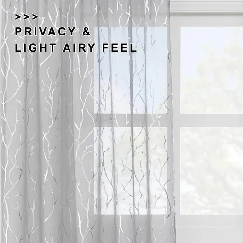 Miniatura 3 de FINECITY - Cortinas de plata traslúcidas de 45 pulgadas de largo - Cortinas impresas de ramas de árbol plateadas metálicas para ventana de cocina