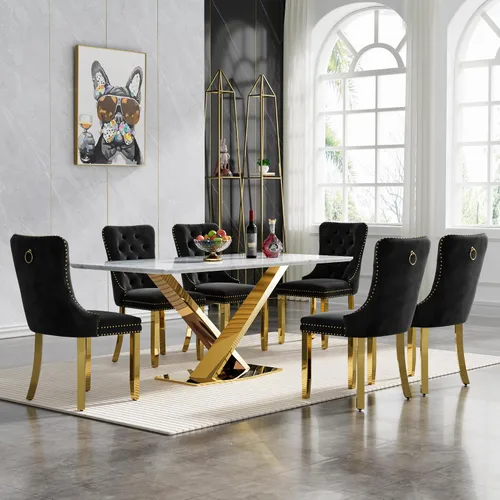 Miniatura 39 de Juego de mesa de comedor de 7 piezas con sillas, mesa de comedor de mármol sintético y sillas beige para 6, juego de mesa de comedor de oro blanco