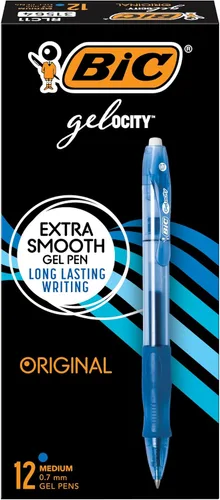 BIC Gelocity Original - Bolígrafos de gel azul, punta media (0.7 mm), paquete de 12 unidades, bolígrafos de gel retráctiles con empuñadura cómoda