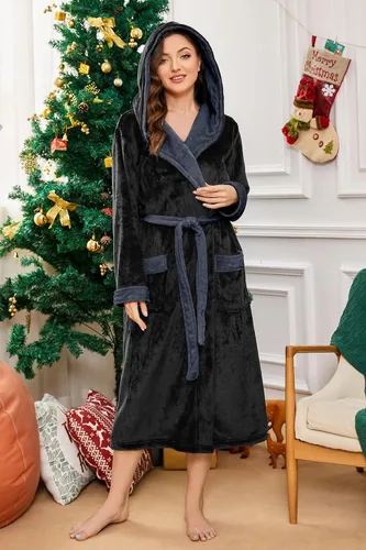 Miniatura 55 de HEARTNICE Bata de forro polar con capucha para mujer, bata de baño suave para mujer, bonito abrigo largo para casa