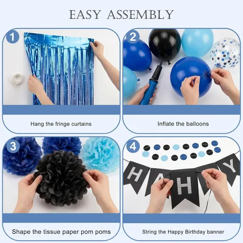 Miniatura 7 de ANSOMO Decoraciones de Fiesta de Cumpleaños Azul y Negro para Niños Hombres Pancarta Globos Azul Marino Azul Real Azul Claro Pompones Cortina