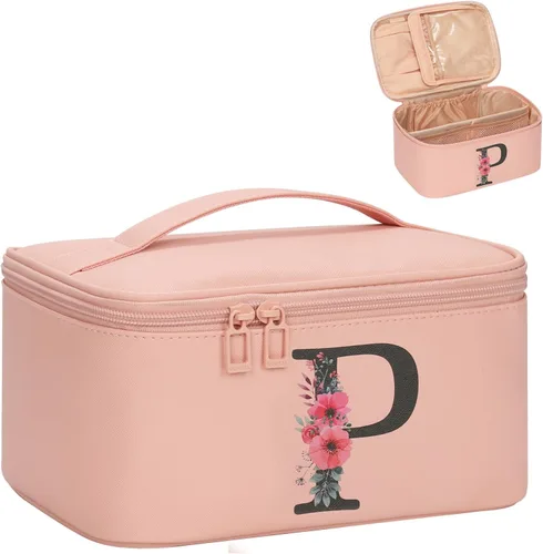 Miniatura 65 de OCHEAL Bolsa de maquillaje personalizada, bolsa de maquillaje beige para mujer, kit de aseo de viaje con monograma, organizador de cosméticos listo
