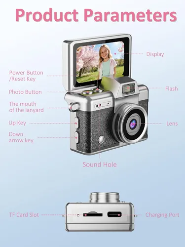 Miniatura 8 de Mini cámara con llavero, cámara digital 1080P con LCD de 1.47 pulgadas, tarjeta TF de 32 GB incluida, cámara retro de tamaño bolsillo para niños