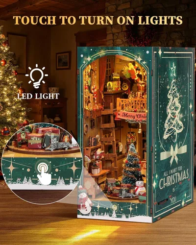 Miniatura 2 de RONSTONE - Kit de manualidades para rincón de lectura DIY - Kit de casa de muñecas navideña en miniatura 3D, rompecabezas de madera con luz LED