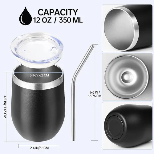 Miniatura 2 de Volhoply Vaso de vino de acero inoxidable de 12 onzas con tapa y pajita, copas de vino sin tallo con aislamiento al vacío de doble pared, taza