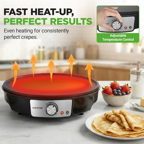 Miniatura 3 de NutriChef - Crepera eléctrica y plancha para parrilla de sobremesa - Placa caliente de aluminio antiadherente de 12 pulgadas con luces indicadoras