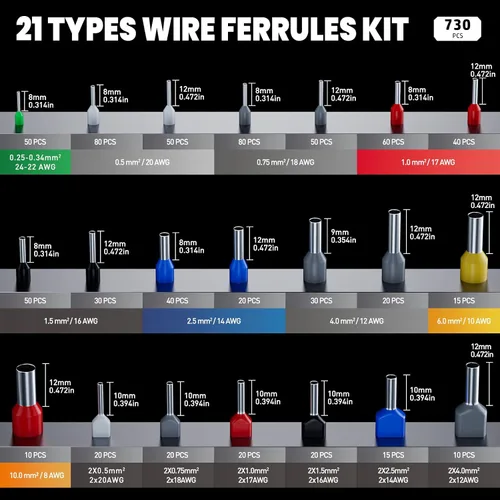 Miniatura 4 de Kit de herramientas de crimpado de ferrules PEBA, 21 tamaños de terminales de ferrules de alambre y ferrules hexagonales para crimpado AWG28-7