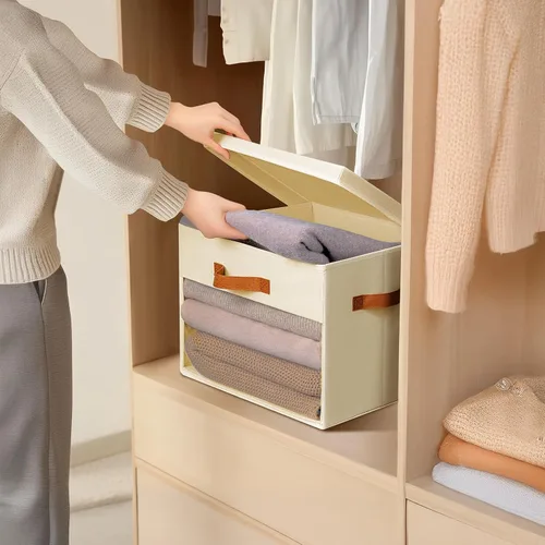 Miniatura 7 de Homsorout Contenedores de almacenamiento grandes con tapas, paquete de 3 organizadores decorativos plegables con ventanas y asas transparentes