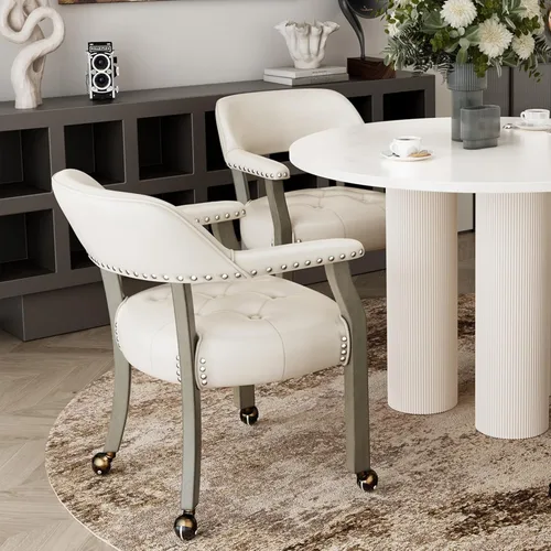 Miniatura 55 de Juego de 8 sillas de cuero de comedor con ruedas y brazos, silla de capitán Accent con ruedas, sillas de madera con ruedas enrollables para cocina