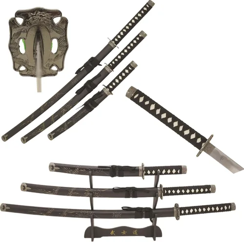Miniatura 11 de Snake Eye Tactical Juego de katana samurái de 3 piezas con diseño de dragón de dos tonos