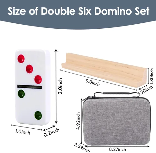 Miniatura 5 de Dominós Mejorados Doble 6, 28 fichas de dominó, 4 soportes/estantes de madera, juego de mesa de viaje y memoria con estuche portátil para 2-4