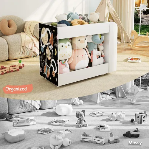 Miniatura 2 de Caja de almacenamiento de juguetes 3 en 1 con estantería y pizarra, baúl grande de juguetes de peluche con ruedas, organizador de almacenamiento