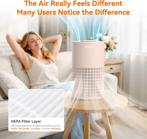 Miniatura 8 de Purificador de aire AIRROMI para dormitorio con filtro HEPA 3-en-1, purificador de aire para mascotas para el olor a orina de gato en el hogar