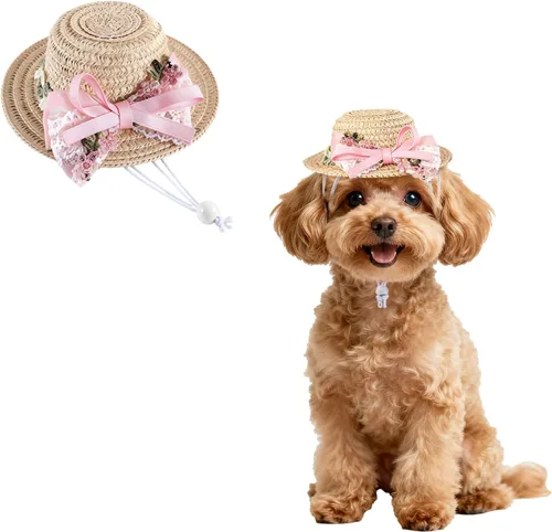 Miniatura 9 de NACOCO Sombrero de paja de girasol, hecho a mano, encantador, accesorio para fotografía de perros y gatos pequeños (S, gato rosa)