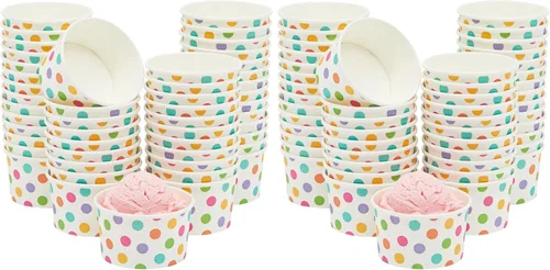Miniatura 10 de BLUE PANDA Vasos de papel para helado, 50 unidades, diseño de lunares arcoíris, desechables para helados y aperitivos, cuencos de helado, tazas