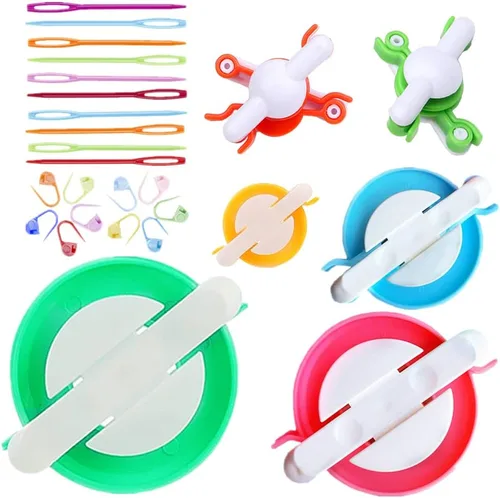 Knewmart Máquina para hacer pompones, juego de herramientas para hacer pompones de 5 tamaños para tejer bolas de pelusa, proyecto de manualidades