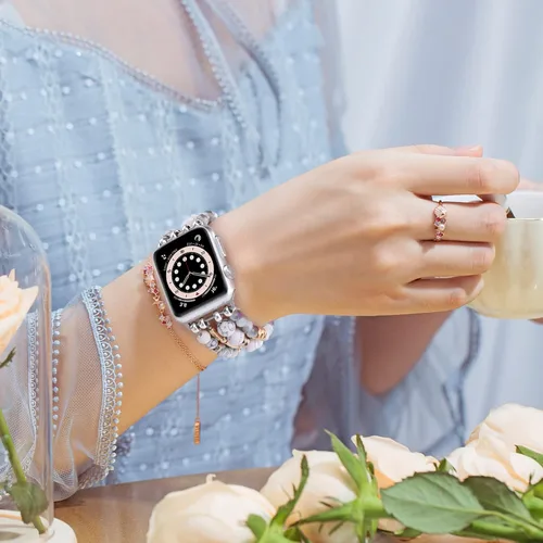 Miniatura 3 de VISOOM Pulsera de cuentas compatible con Apple Watch Band de 40mm/38mm/41mm/42mm Series 10 9 8 7 SE Series 6/5/4; correa de reloj elástica con Blanco