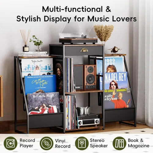 Miniatura 4 de JunVpic Soporte para tocadiscos con almacenamiento de vinilo, mesa de discos con soporte, estante y cajón de almacenamiento de vinilo de 6