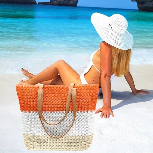 Miniatura 53 de Bolso grande de paja para mujer, tejido de ratán, bolso de playa de verano, a rayas