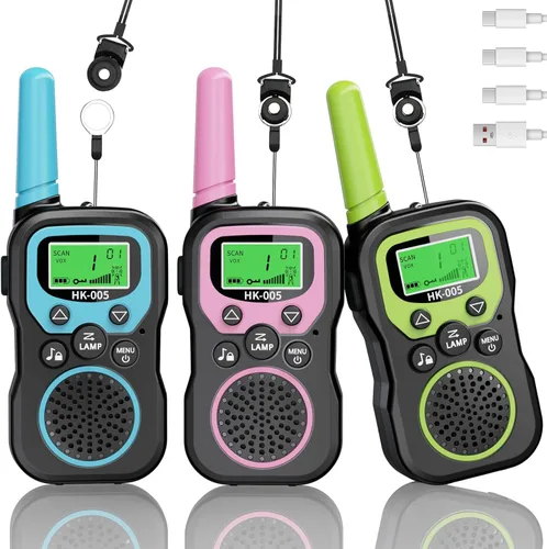Walkie Talkies recargables para niños, paquete de 3, Walkie Talkies de largo alcance para niños de 22 canales VOX linterna para acampar al aire