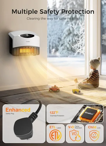 Miniatura 4 de GiveBest Calentador de pared inteligente, calentadores eléctricos PTC de 1500 W para uso en interiores, termostato ajustable, control remoto, Blanco