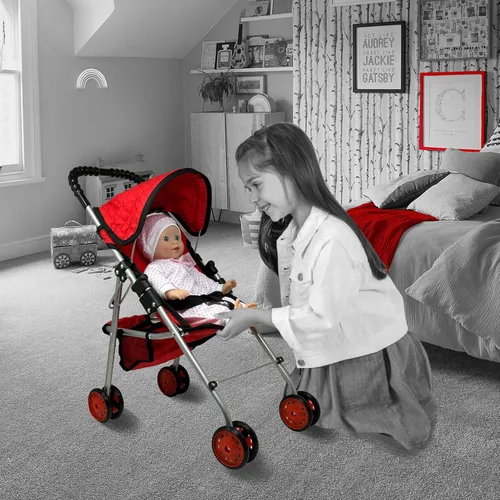 Miniatura 2 de The New York Doll Collection My First Doll Stroller con Canasta, Cochecito de Muñeca Plegable (Acolchado Rojo)