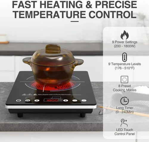 Miniatura 4 de VBGK Placa de Cocción Eléctrica, estufa eléctrica de 110 V, control táctil LED de un solo quemador, 9 niveles de potencia, bloqueo y temporizador