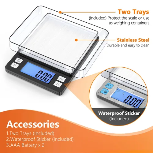 Miniatura 8 de BOMATA Báscula de joyería de alta precisión de 0.00 oz, báscula digital de 35.27 oz con función de sujeción, tara y conteo, diseño pequeño
