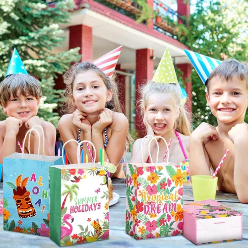 Miniatura 6 de Outus 24 Piezas Bolsas de Favor de Fiesta Hawaiana de Verano Bolsas de Papel de Regalo Tropical Goodie con Asas Aloha Tiki Luau Hojas de Palma
