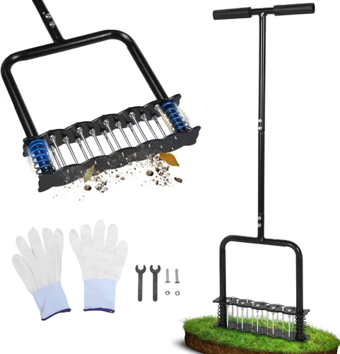 Herramienta aireadora de césped, herramienta manual de acero inoxidable con base de resorte, diseño automático de limpieza de suciedad y hojas,