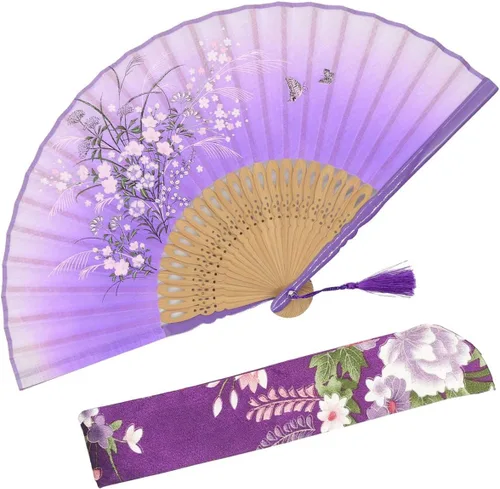 Miniatura 11 de OMyTea, abanico desplegable con motivo de flores de yuyos (8.27 pulgadas - 21 centímetros) con funda de tela para protección, estilo chino/japonés
