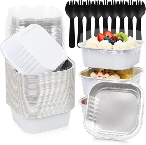Miniatura 7 de FORBFAN Paquete de 150 mini moldes para pasteles de 10 onzas con tapas y cucharas, tazas cuadradas de postre de papel de aluminio negro y dorado