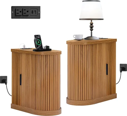 Mesa auxiliar pequeña, mesa auxiliar estrecha, mesita de noche delgada con estación de carga, mesa de noche curva y acanalada de estilo moderno de