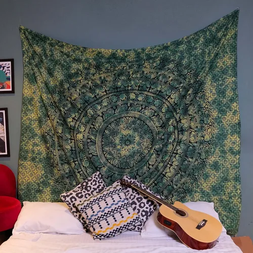 Miniatura 38 de Craft Trade - Tapiz de algodón indio con mandala para pared, decoración estética boho hippie para sala de estar, meditación y dormitorio - Amarillo