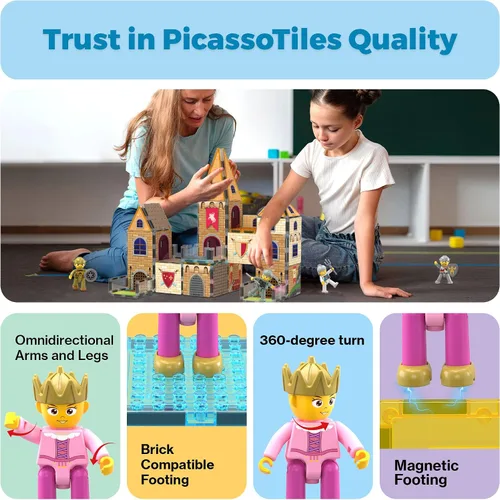 Miniatura 8 de PicassoTiles 70 piezas Edad Media Medieval y Tema de Castillo 2 en 1 8 Figuras de Acción de Personajes Imantados Ladrillos de Construcción Medieval