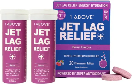 1Above Jet Lag Relief Tablets - Multivitamínico efervescente con sabor a bayas con Pycnogenol Suplemento de viaje para hidratación, energía, apoyo