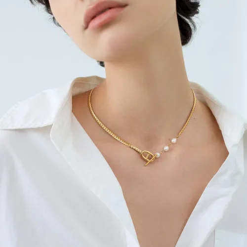 Miniatura 10 de DASIQI Collares para mujer, letras dobles D, perlas de agua dulce, empalme de perlas, cierres de palanca OT de 15 pulgadas, cadena plana