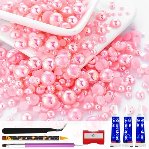 Miniatura 60 de 60g de Perlas Acuamarina Dorada con Diamantes de Imitación para Manualidades Tamaño Mixto 3mm-10mm Color AB Redondas Perlas Medias Planas Conjunto