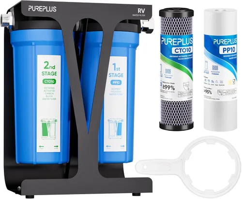 PUREPLUS Sistema de filtro de agua de doble etapa RV con dos cartuchos y soporte de montaje, certificado NSF/ANSI 42, reduce los sedimentos, el