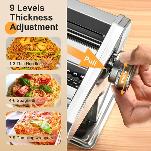Miniatura 2 de FrutPunch Máquina manual para hacer pasta, 9 ajustes de grosor ajustables, rodillo y cortador para espaguetis, fettuccine, lasaña