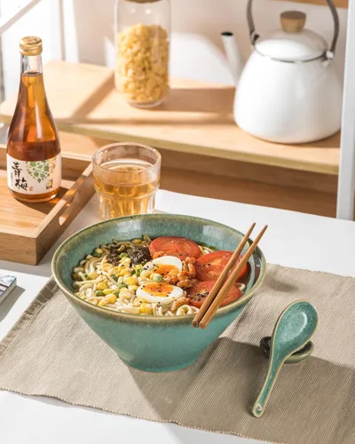 Miniatura 4 de Tazones grandes para servir ensalada, sopa, ramen, 71 OZ tazones de cerámica japoneses para fideos ramen con palillos, cucharas y soportes