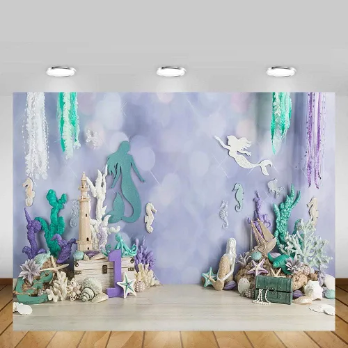 Miniatura 3 de MEHOFOND Telón de fondo de fotografía de sirena bajo el mar, 7 x 5 pies, decoración de fiesta de cumpleaños para niña, decoración de fiesta