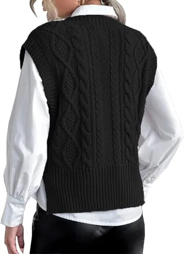 Miniatura 4 de Chaleco tipo suéter para mujer, cuello en V, sin mangas, de punto, liso, casual, acanalado, sin botones, sin botones