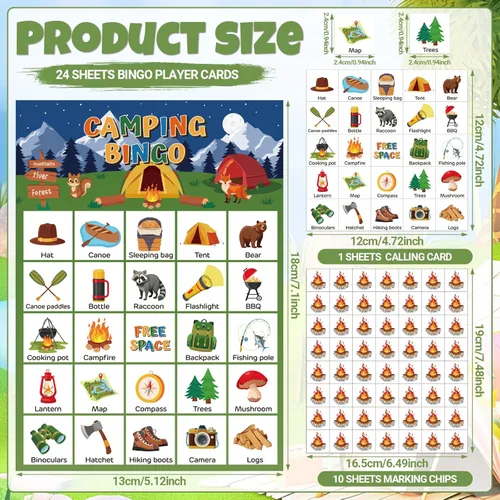 Miniatura 2 de Shappy 35 tarjetas de juego de bingo para acampar con 24 jugadores, juegos de aventura y fiesta, bosque, selva, tarjetas de bingo para actividades