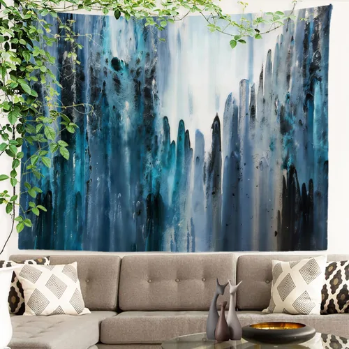 Miniatura 7 de Batmerry Tapiz azul y blanco, tapiz abstracto de pintura azul, negro, gris y blanco, para sala de estar, dormitorio, pared, decorativo, 51.2 x 59.1