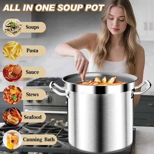 Miniatura 2 de Olla de Caldo de Acero Inoxidable Cepillado de 20 Cuartos con Tapa - Olla de Caldo Grande - Ollas de Caldo de Inducción de Servicio Pesado de Grado